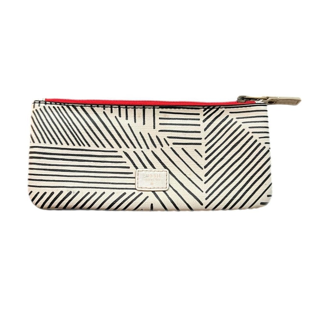Fossil Pencil Case Pouch White Black Geometric Line Pattern Red Zip OS
